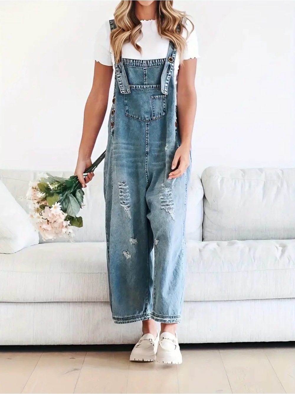Casual Distressed Denim Overalls - Blue